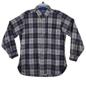Vtg Pendleton Board Shirt Virgin Wool Mens L Shacket Blue Beige Plaid Button USA